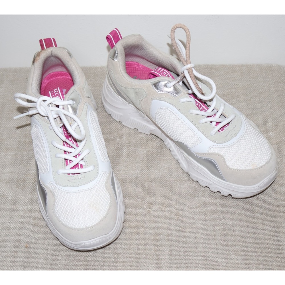 Skechers Sneakers Size 10 Chunky Platform White Silver Synthetic Leather